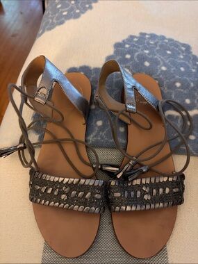 Jack Rogers Metallic Gray Lace-Up Woven Strap Sandals